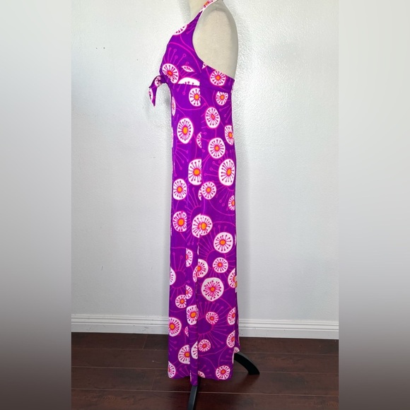 VINTAGE 1970s Slip Dress Psychedelic Maxi Purple Halter Printed Nightgown - Picture 7 of 13